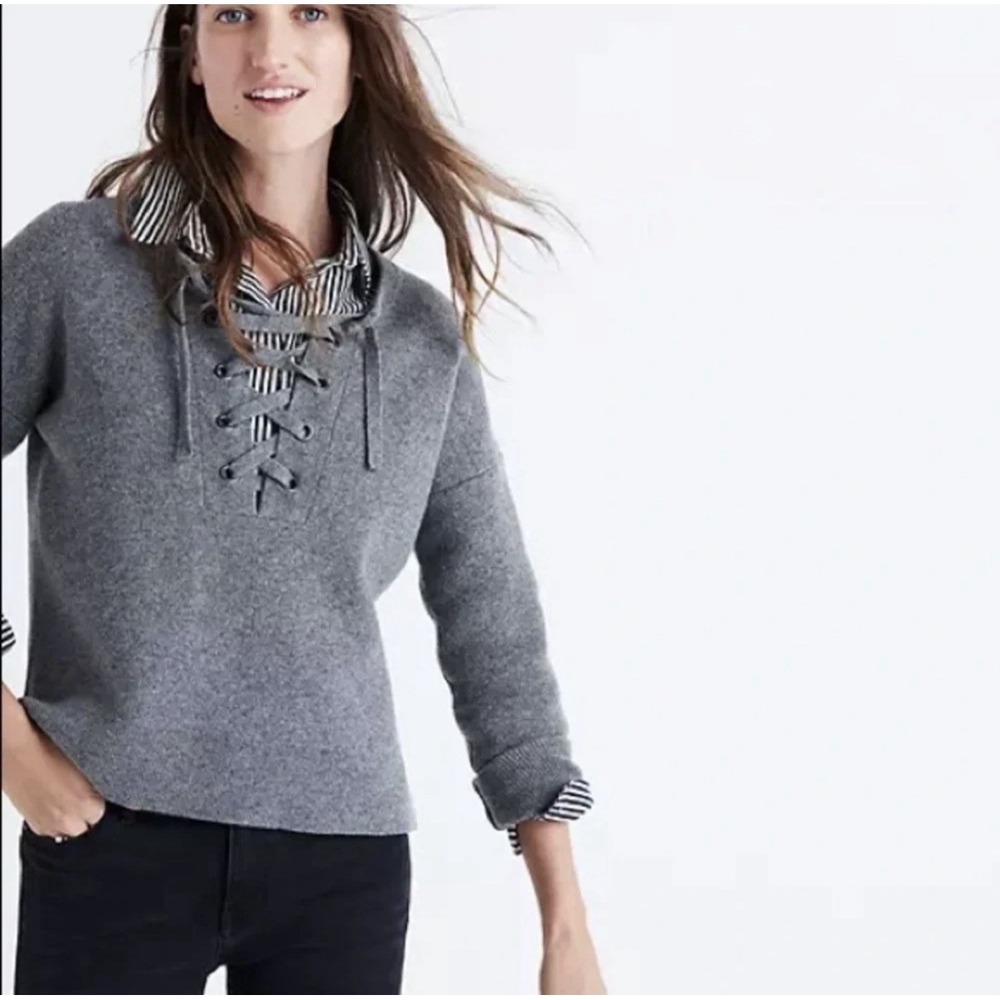 Women's Madewell 100% Merino Wool Grey Lace up Sweater Size XS Nautical Pullover